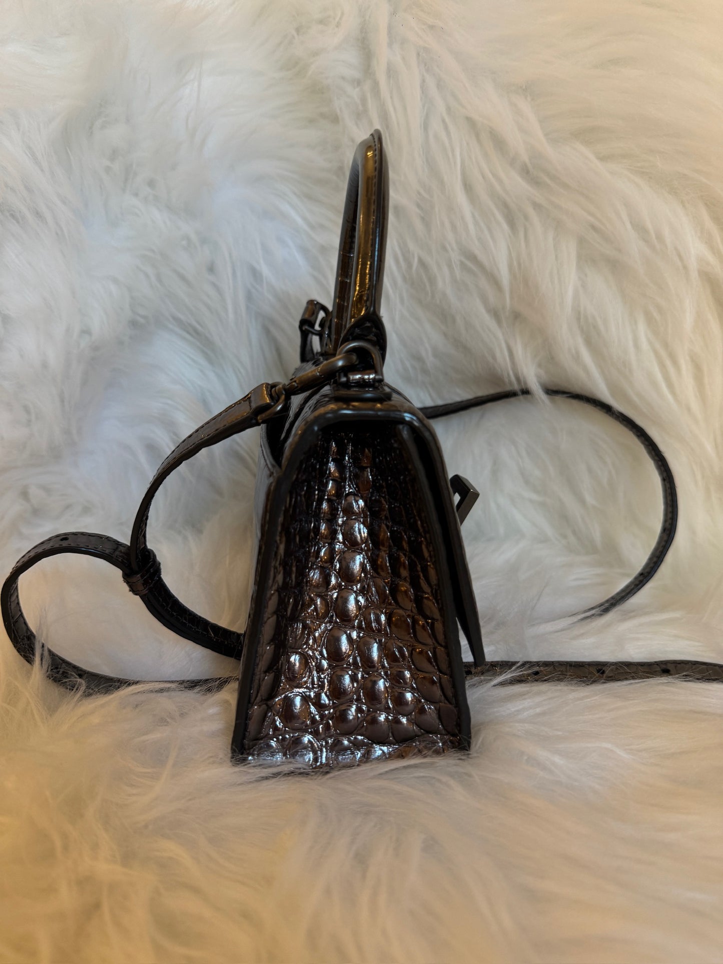 Balenciaga Hourglass XS Croc-Embossed Patent Leather Top Handle Bag