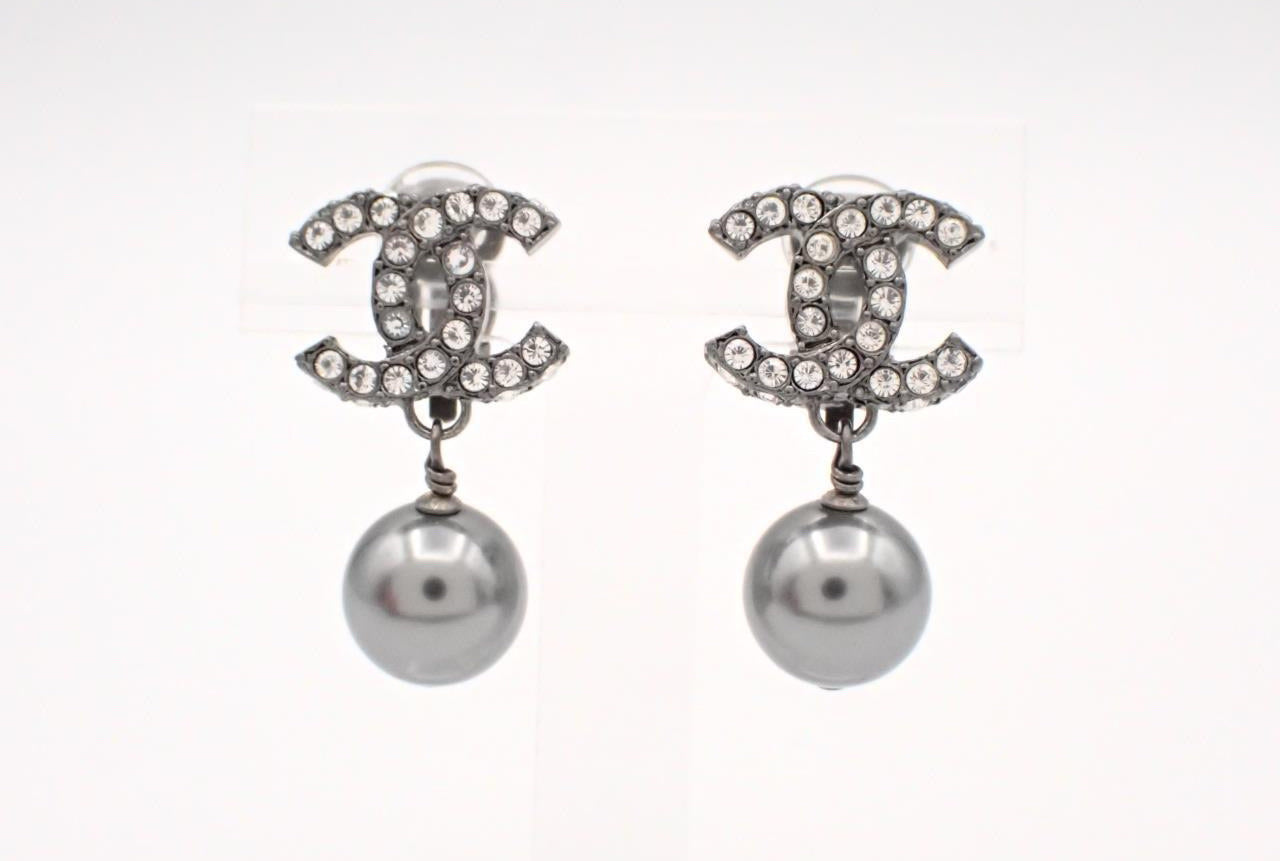 Chanel 2003 Crystal CC Grey Pearl Drop Clip-On Earrings