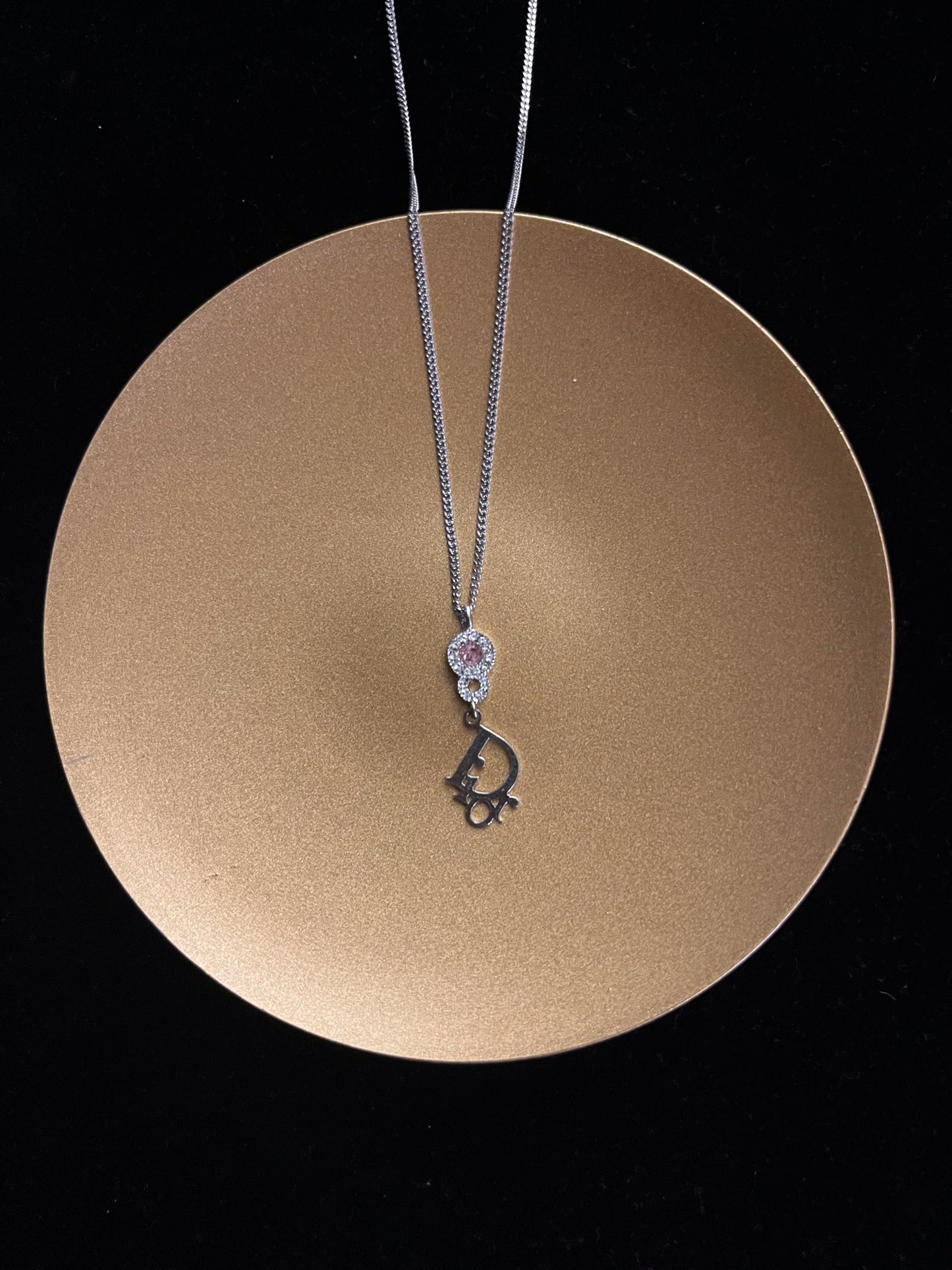 Vintage Dior Silver Logo Pendant Necklace with Pink Crystal Accent