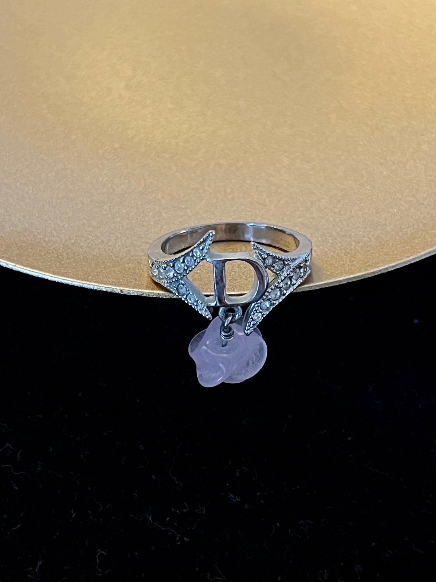 Vintage Dior Crystal Logo Ring with Pink Charm – Silver Tone