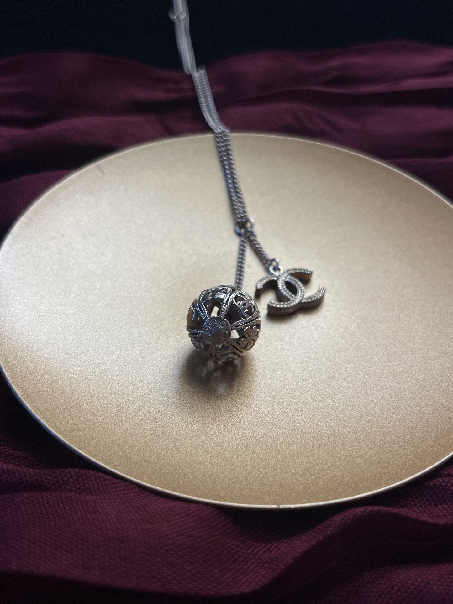Chanel 2006 Champagne-Gold Filigree Sphere & CC Charm Necklace