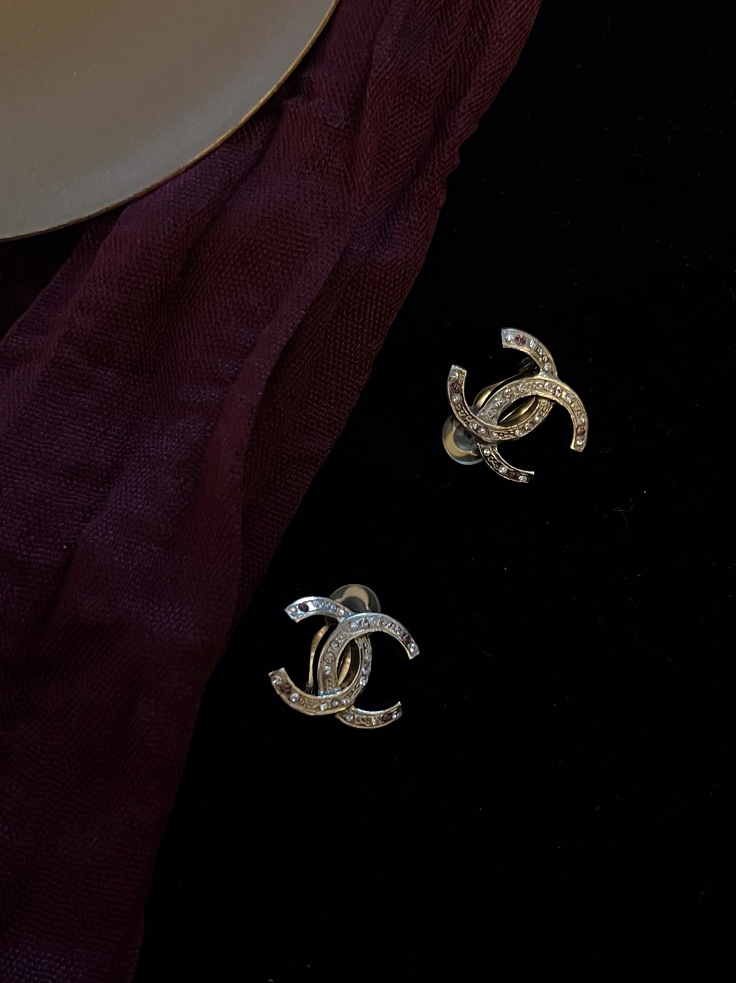 Chanel 2012 Vintage Gold-Tone Double C Pink & Royal purple Crystal Ear Clips