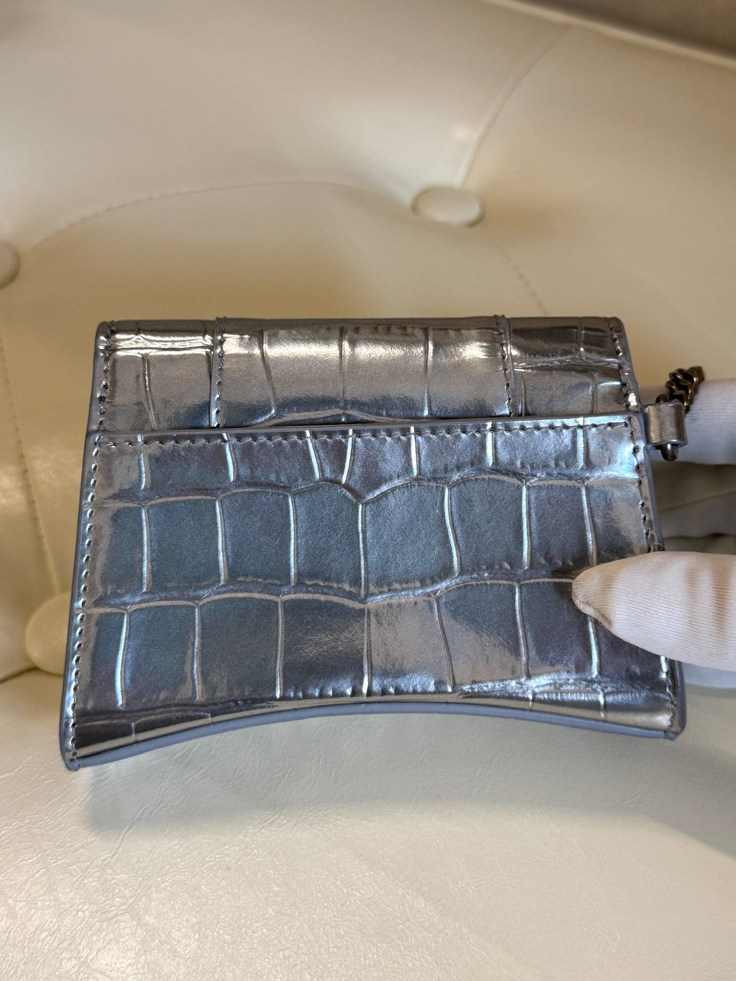 Balenciaga Nano Hourglass Metallic Silver Croc-Embossed Card Holder