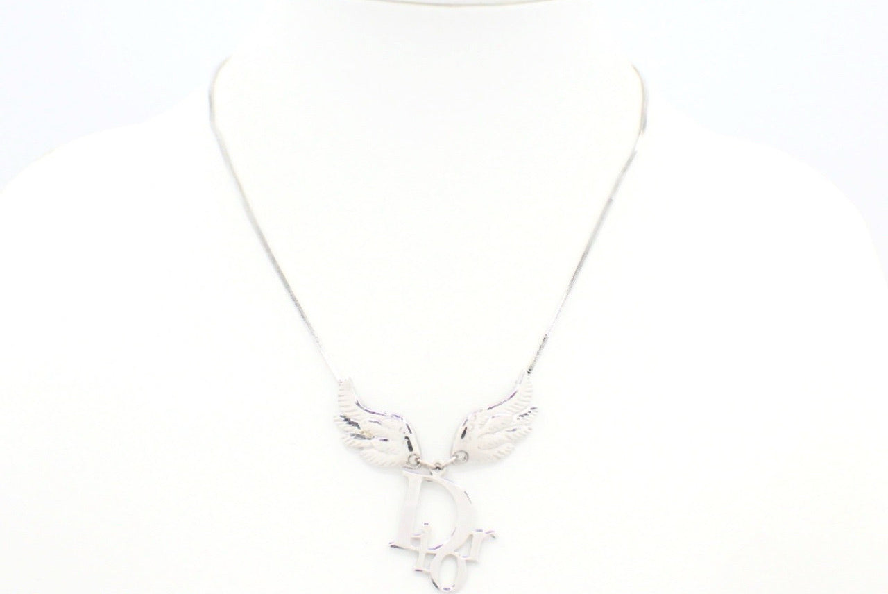 Dior Vintage Silver Angel Wing Logo Necklace