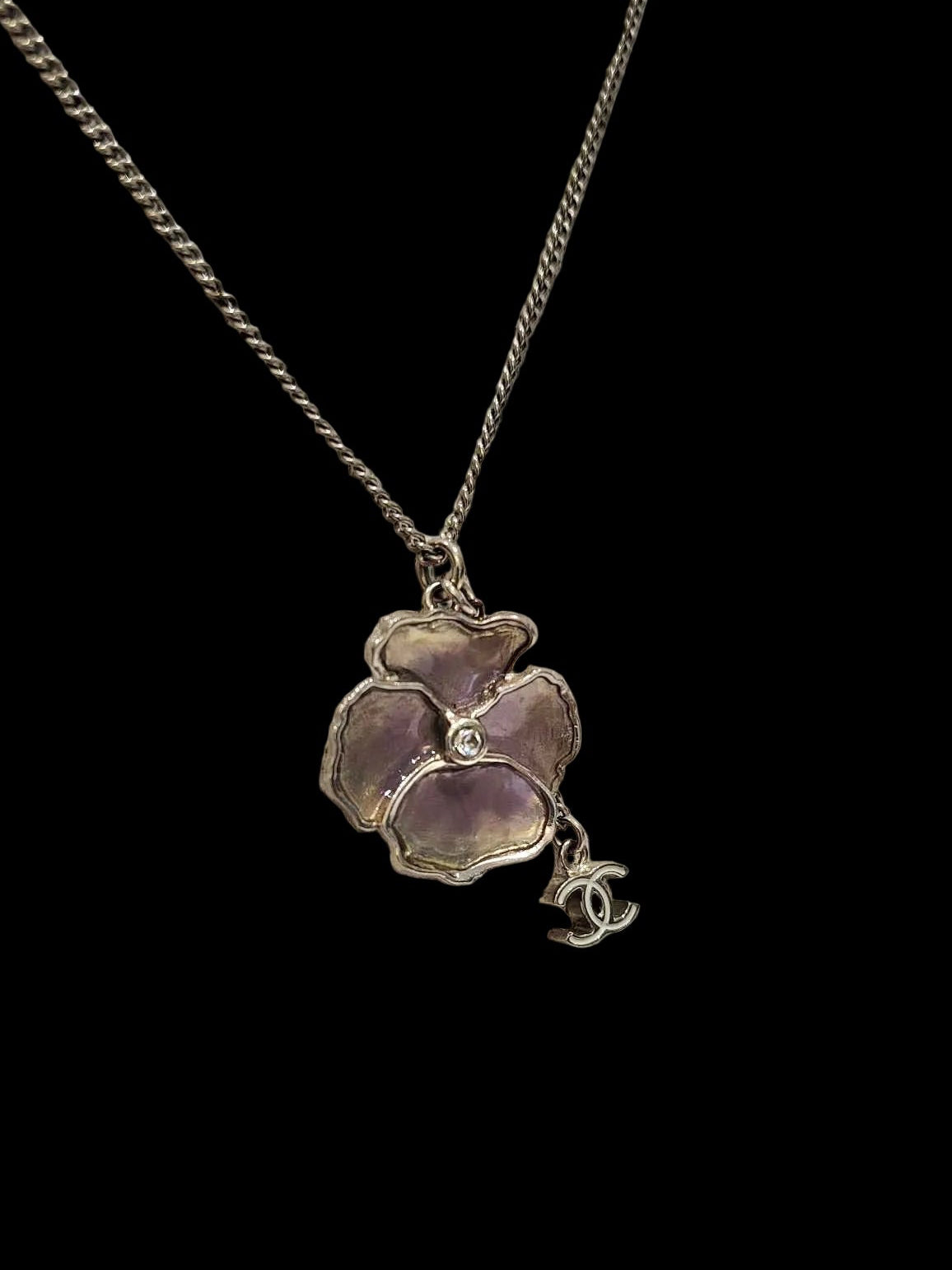 Chanel 2010s “Pansy Petal” Iridescent Enamel & Crystal CC Charm Convertible Necklace