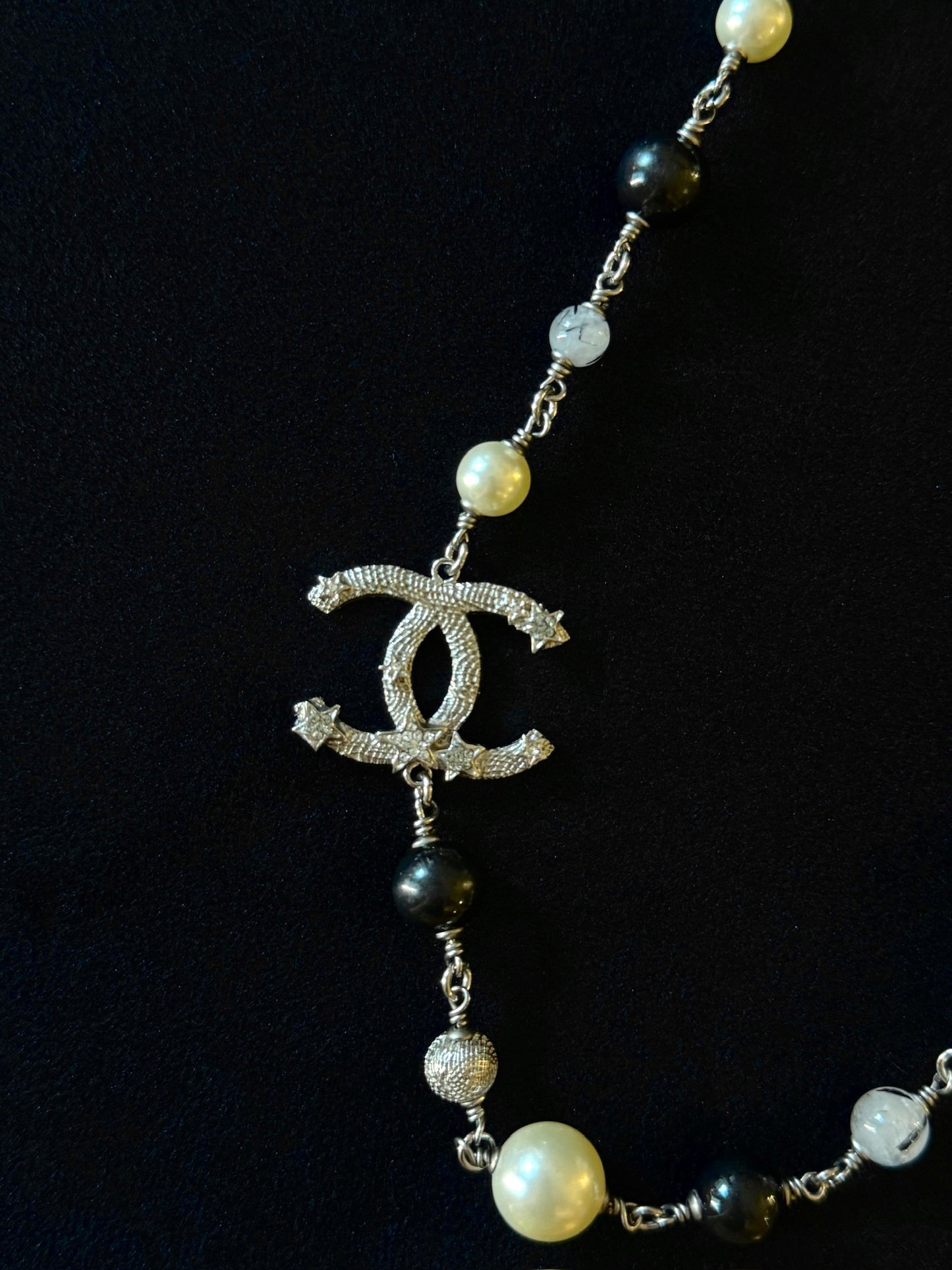 Chanel CC Twinkle Stars Pearl & Black Stone Long Necklace