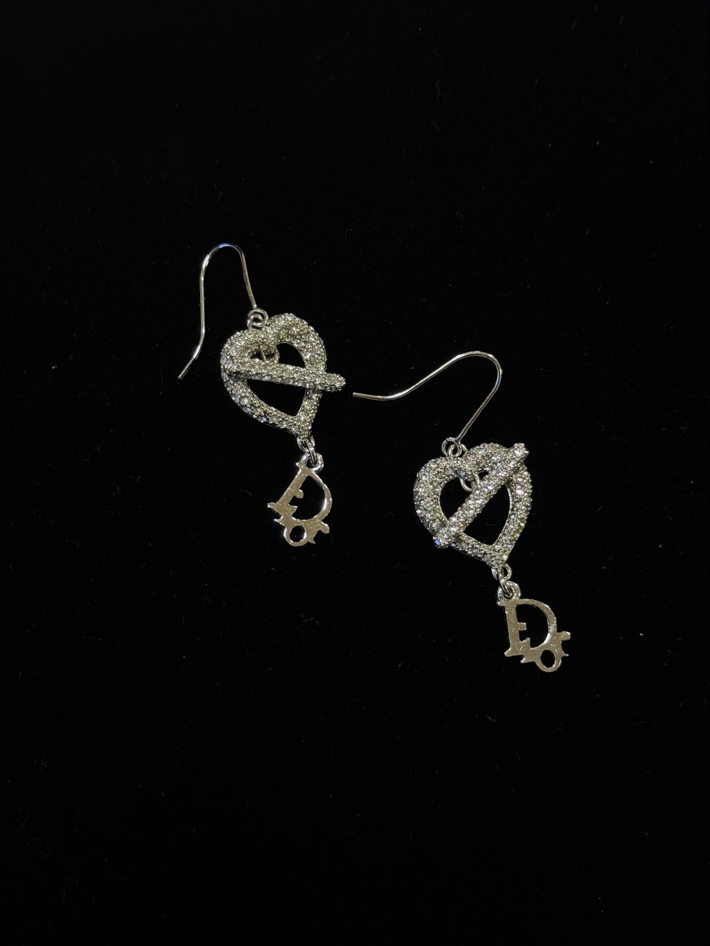 Vintage Dior Crystal Heart Drop Earrings – Silver Tone