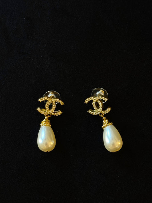 Chanel 2020 Crystal CC Pearl Drop Earrings