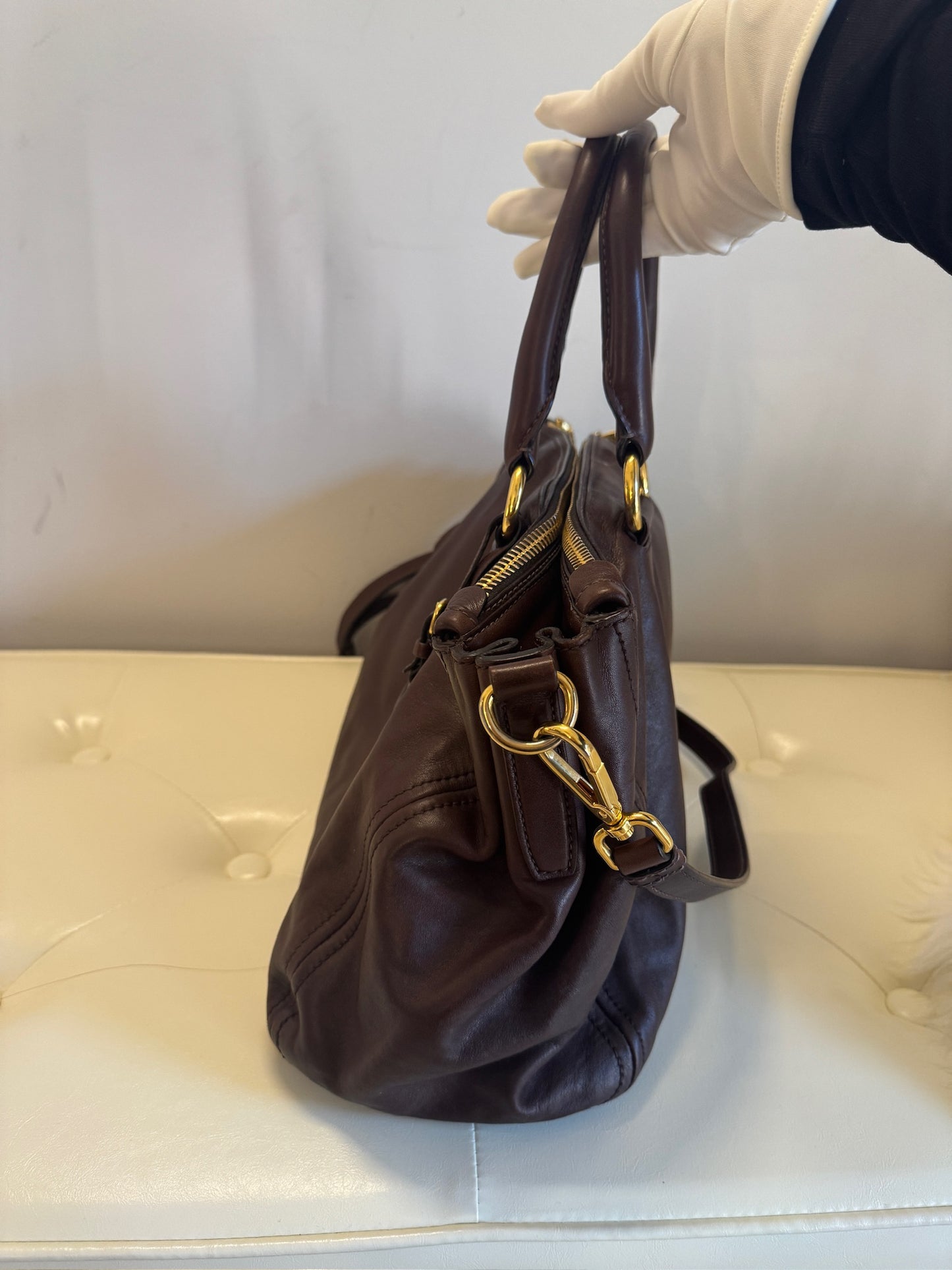 Prada Leather Top Handle Handbag – Dark Brown Large