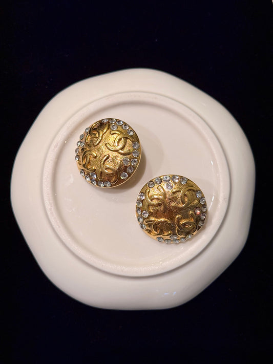 Chanel 1980s Gold CC Embossed Crystal Clip-On Earrings