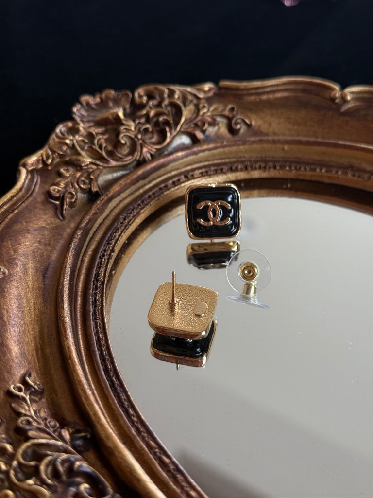 Chanel 2024 Black Enamel Square Stud Earrings with Gold CC Logo