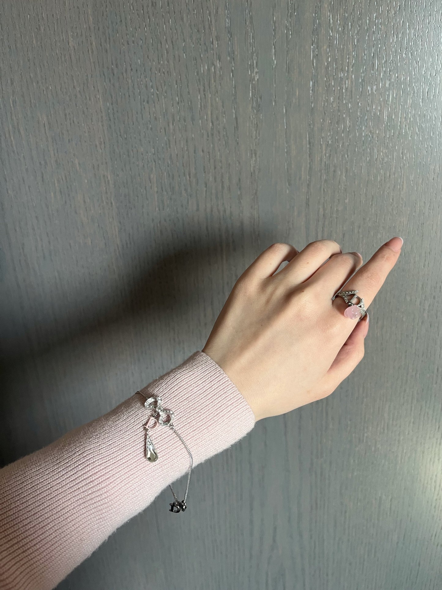 Vintage Dior Crystal Logo Ring with Pink Charm – Silver Tone
