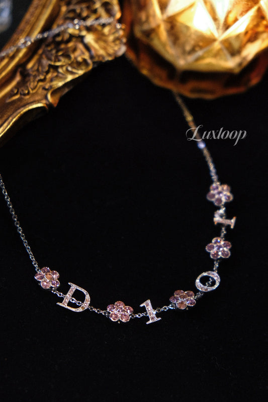 Dior Vintage Pink Crystal Floral Logo Necklace
