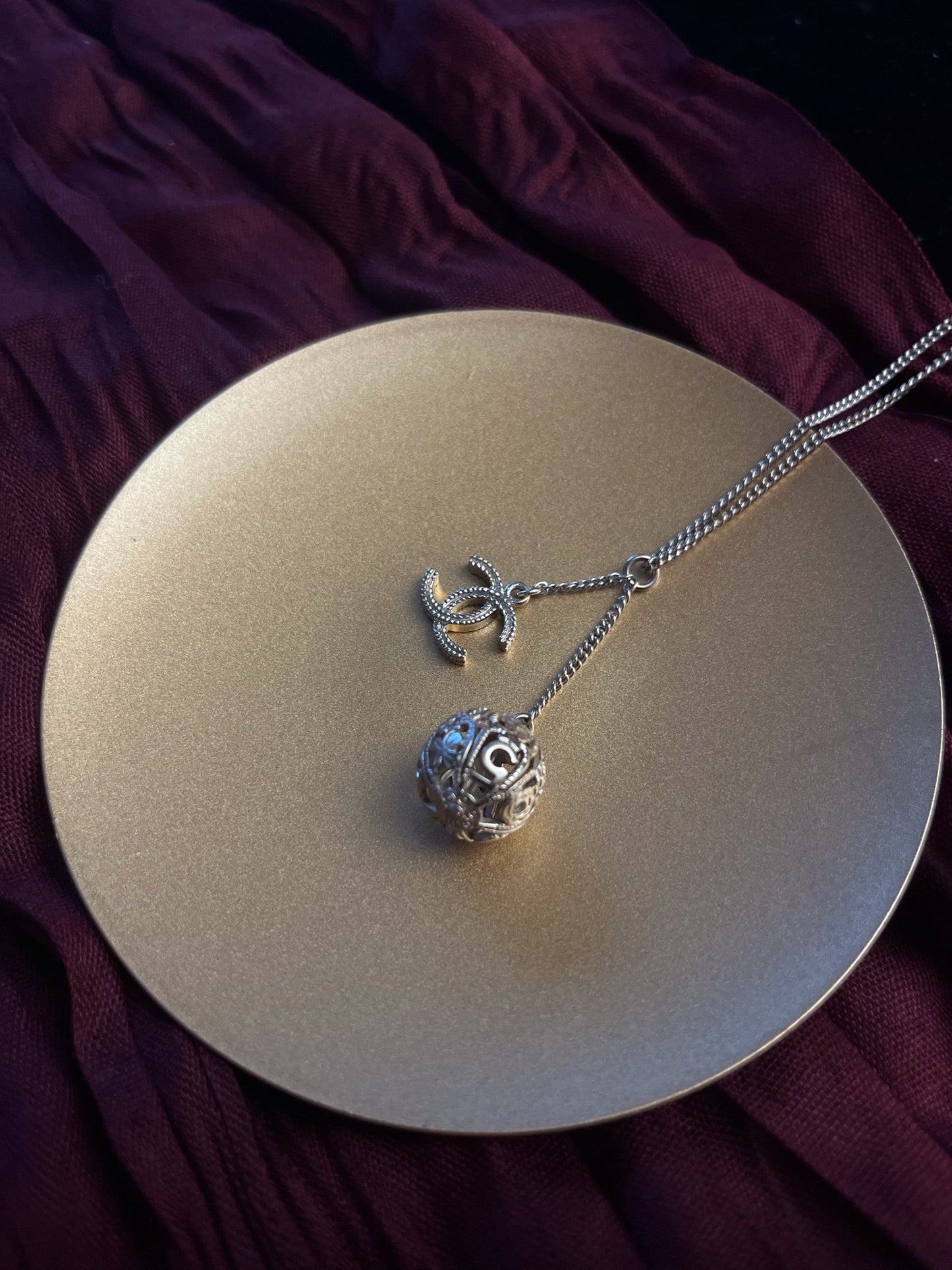 Chanel 2006 Champagne-Gold Filigree Sphere & CC Charm Necklace