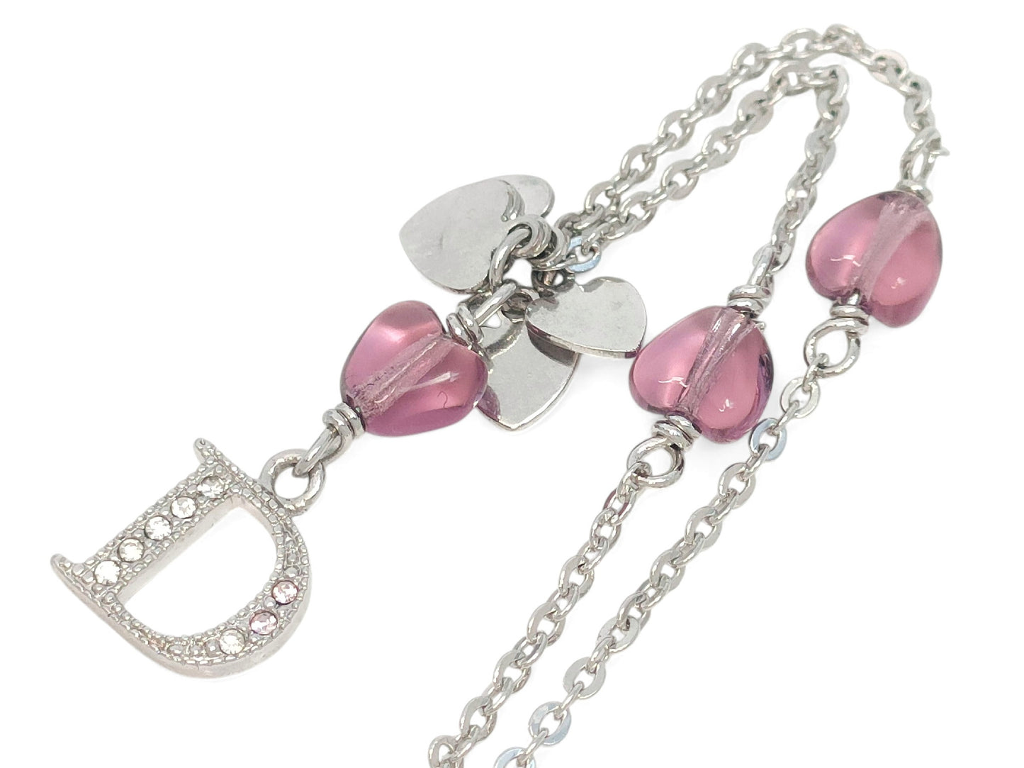 Dior Vintage Silver Heart & Rhinestone “D” Pendant Necklace