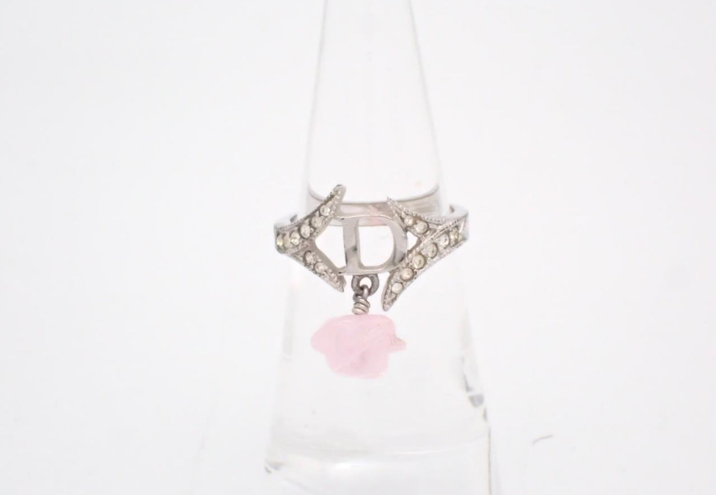 Vintage Dior Crystal Logo Ring with Pink Charm – Silver Tone