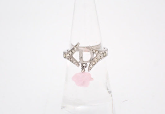 Vintage Dior Crystal Logo Ring with Pink Charm – Silver Tone