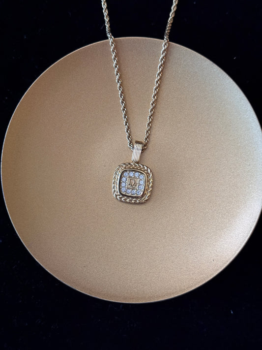 Dior Vintage Gold Cyrstals Embeded Logo Pendant Necklace
