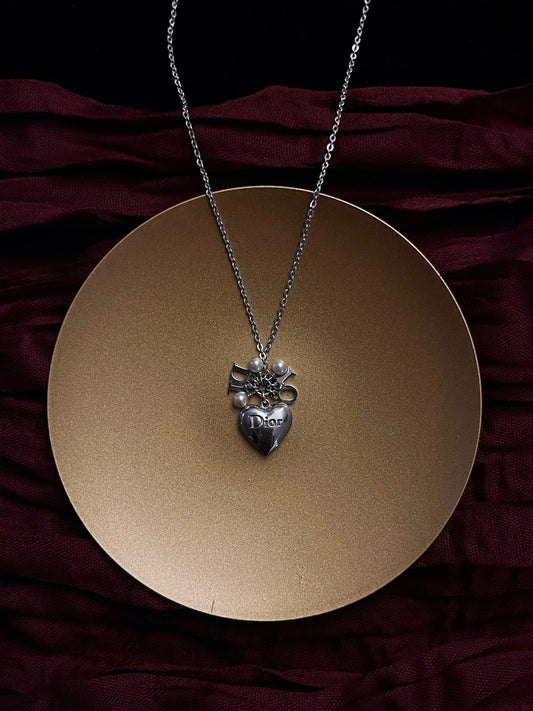 Vintage Dior Heart Pearl Crown Silver Necklace (Large Size)
