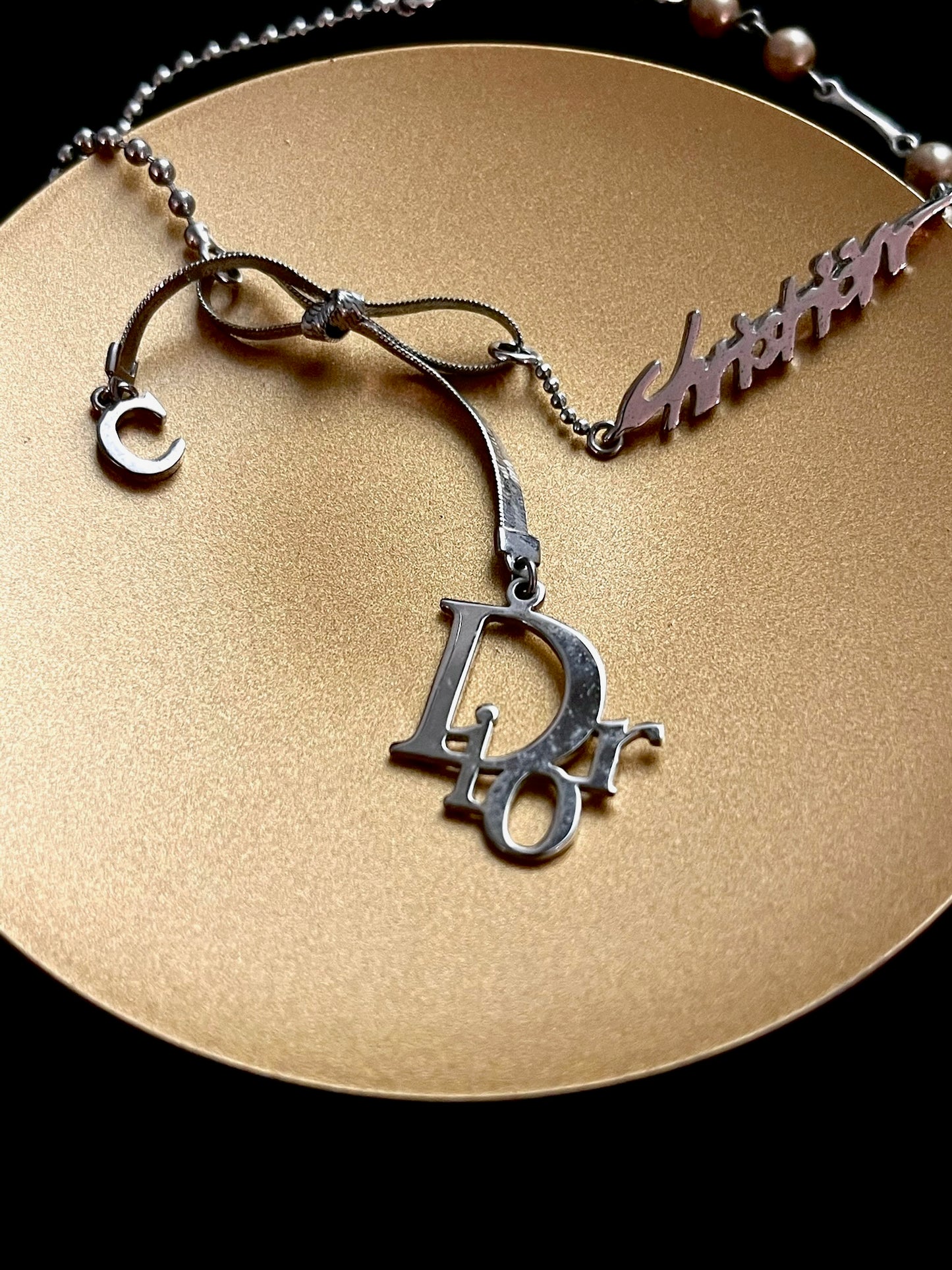 Dior Vintage Silver-Tone Bow & Pearl Choker Necklace