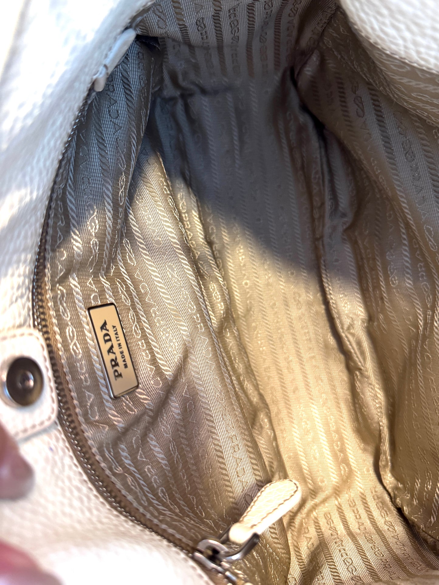 Vintage Prada Cream Pebbled Leather Shoulder Bag with Silver Hardware