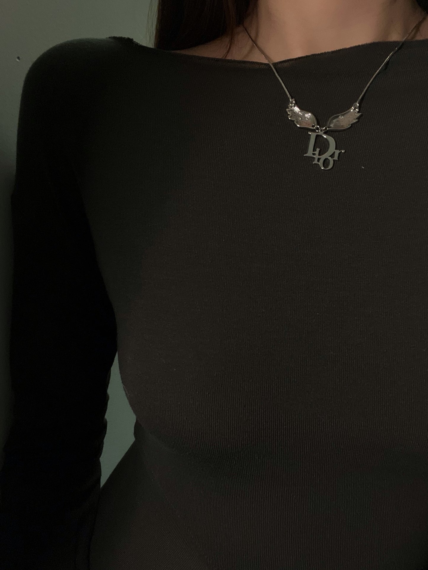 Dior Vintage Silver Angel Wing Logo Necklace