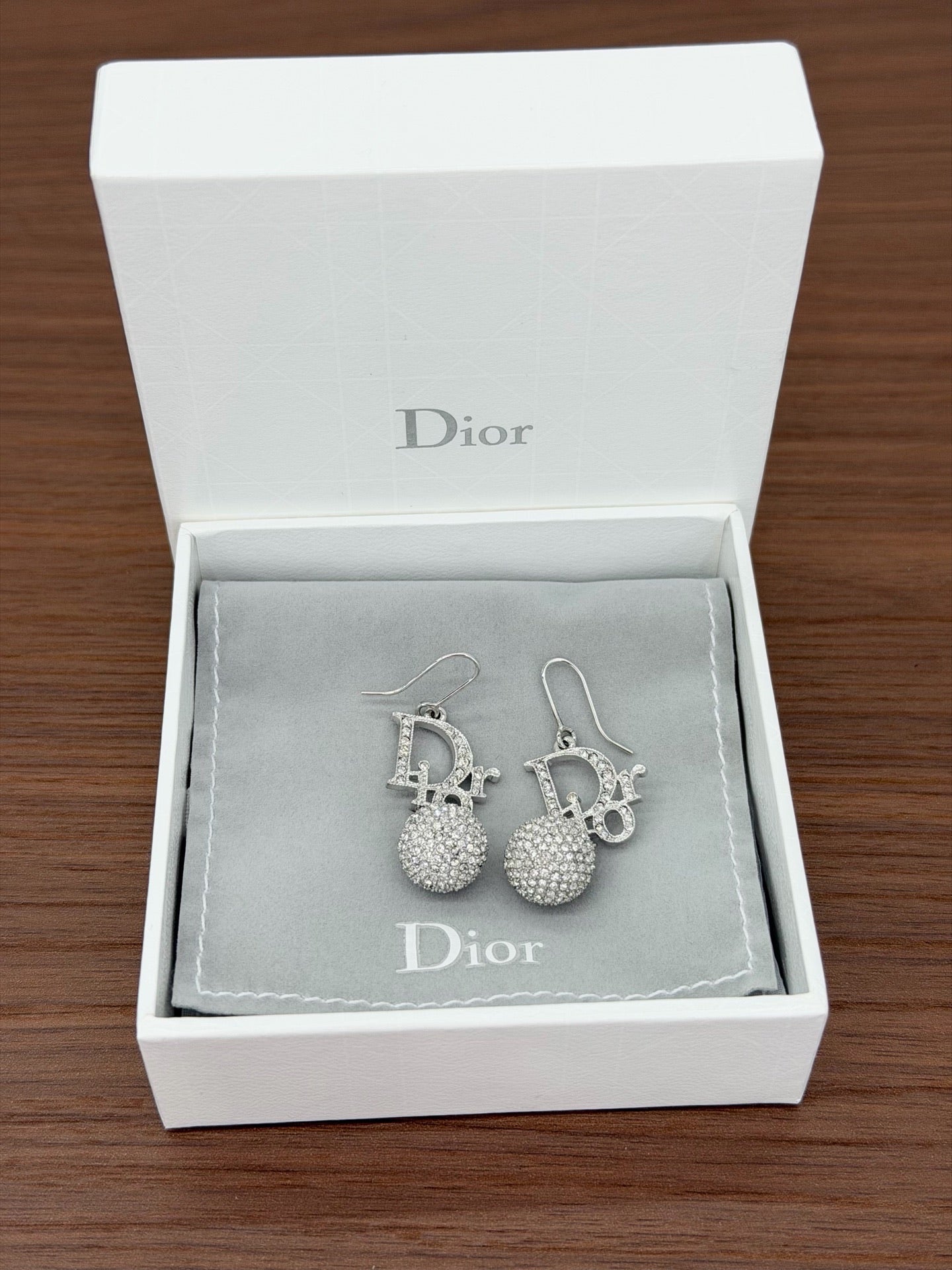 Vintage Dior Crystal Logo Ball Drop Earrings – Silver Tone