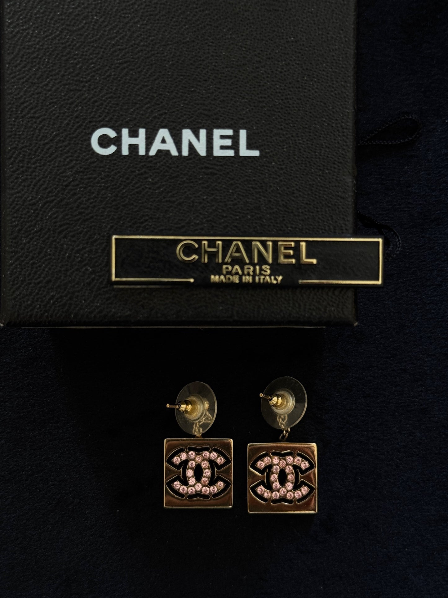 Chanel Gold-Tone Pink Crystal CC Drop Earrings