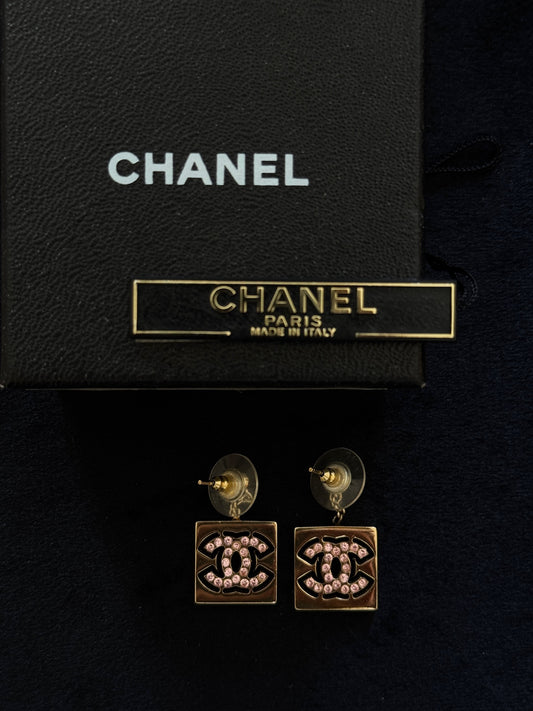 Chanel Gold-Tone Pink Crystal CC Drop Earrings