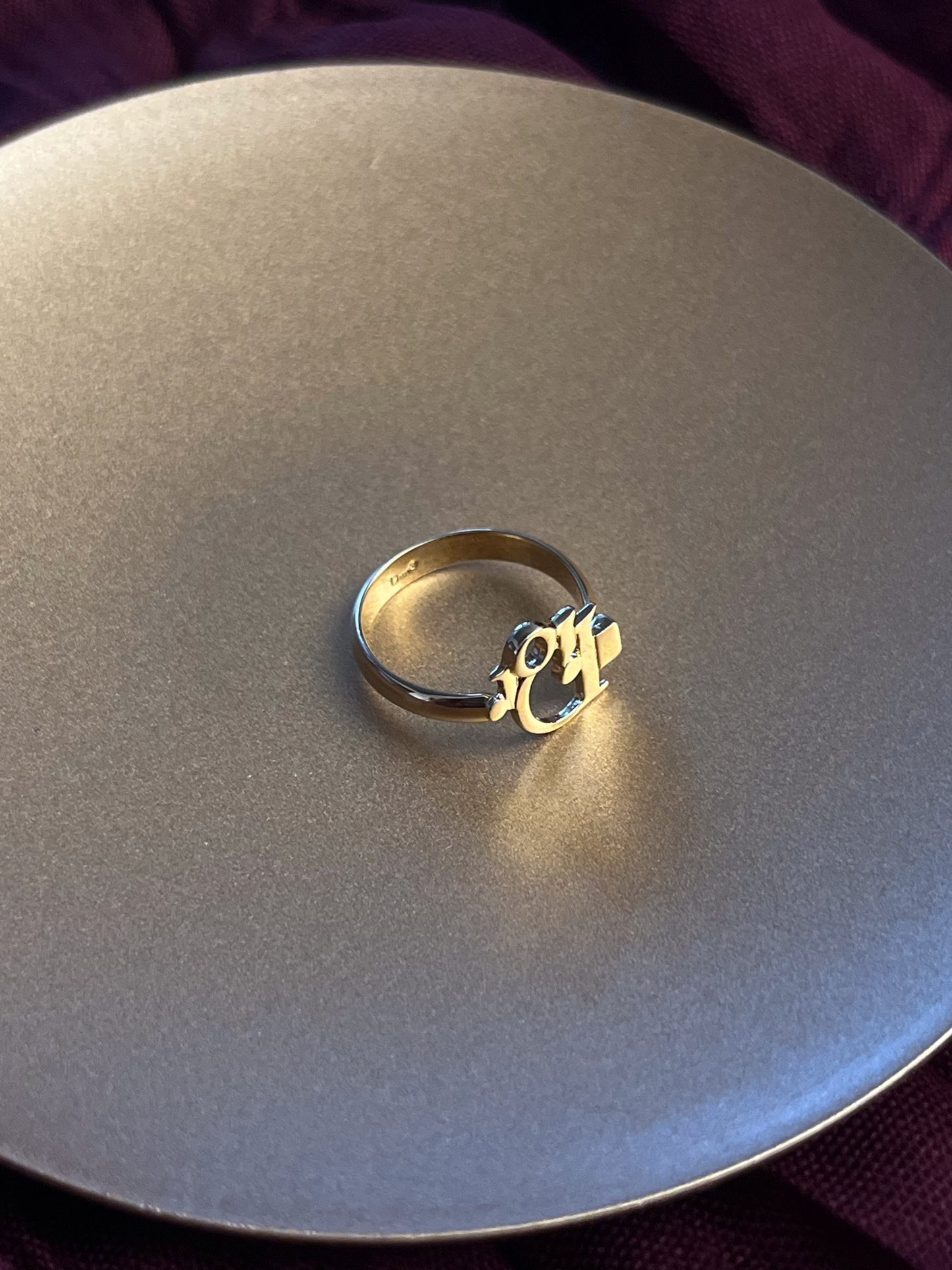 Vintage Dior Gold-Tone “D” Charm Ring with Crystal Accent