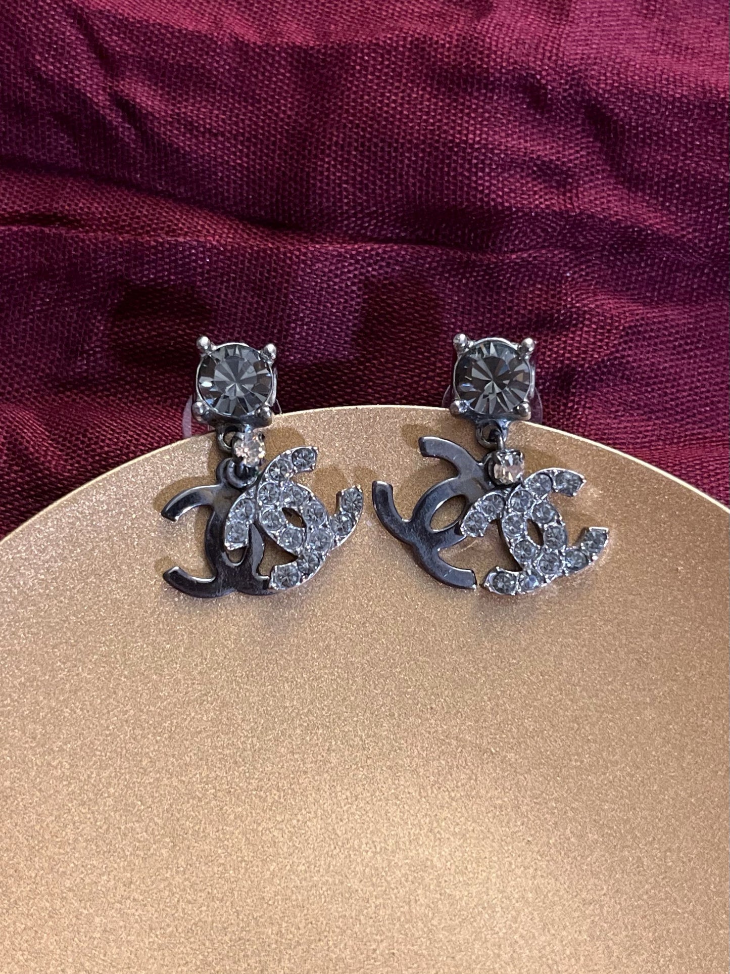 Chanel 2003 Black & Silver Double CC Crystal Drop Earrings