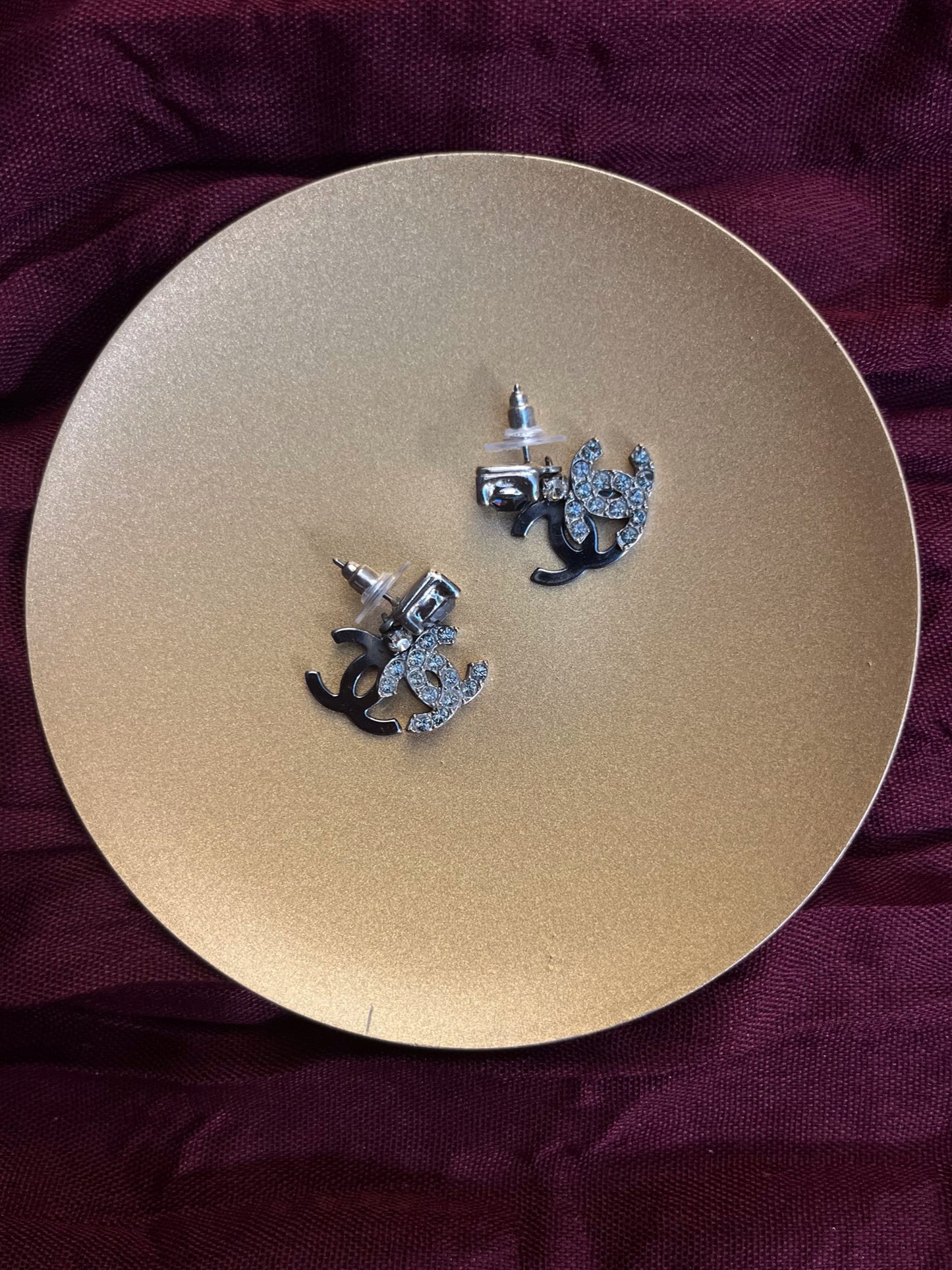 Chanel 2003 Black & Silver Double CC Crystal Drop Earrings