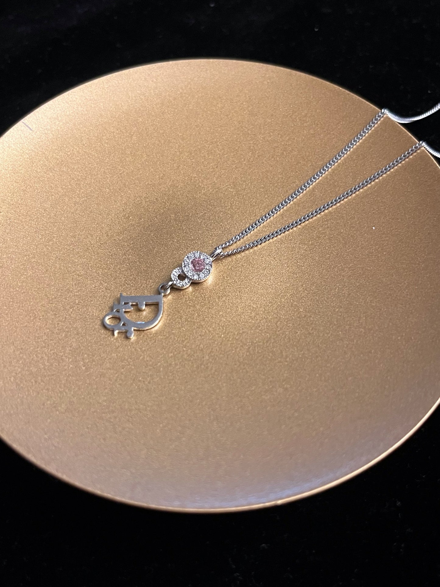 Vintage Dior Silver Logo Pendant Necklace with Pink Crystal Accent