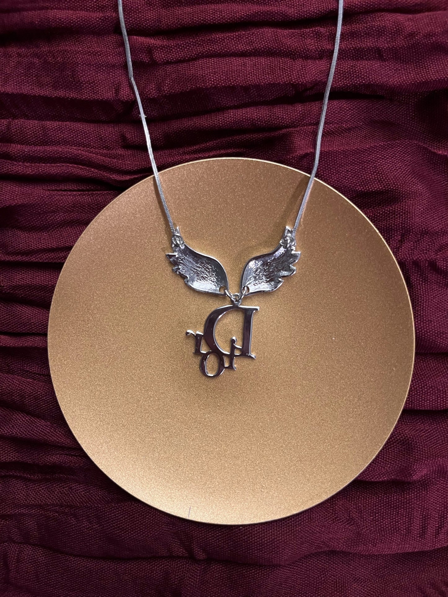 Dior Vintage Silver Angel Wing Logo Necklace