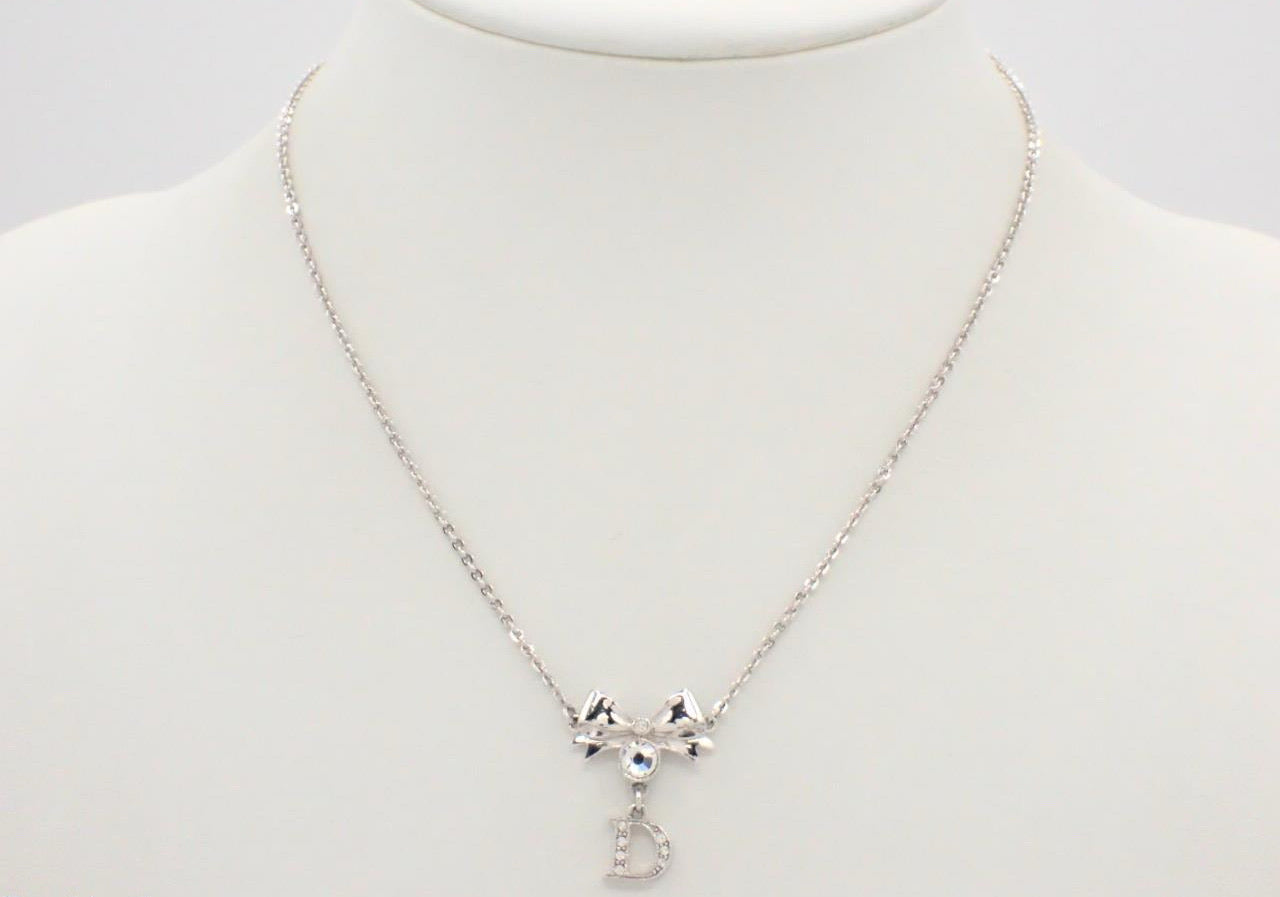 Vintage Dior Silver Bow & Crystal 'D’ Logo Pendant Necklace