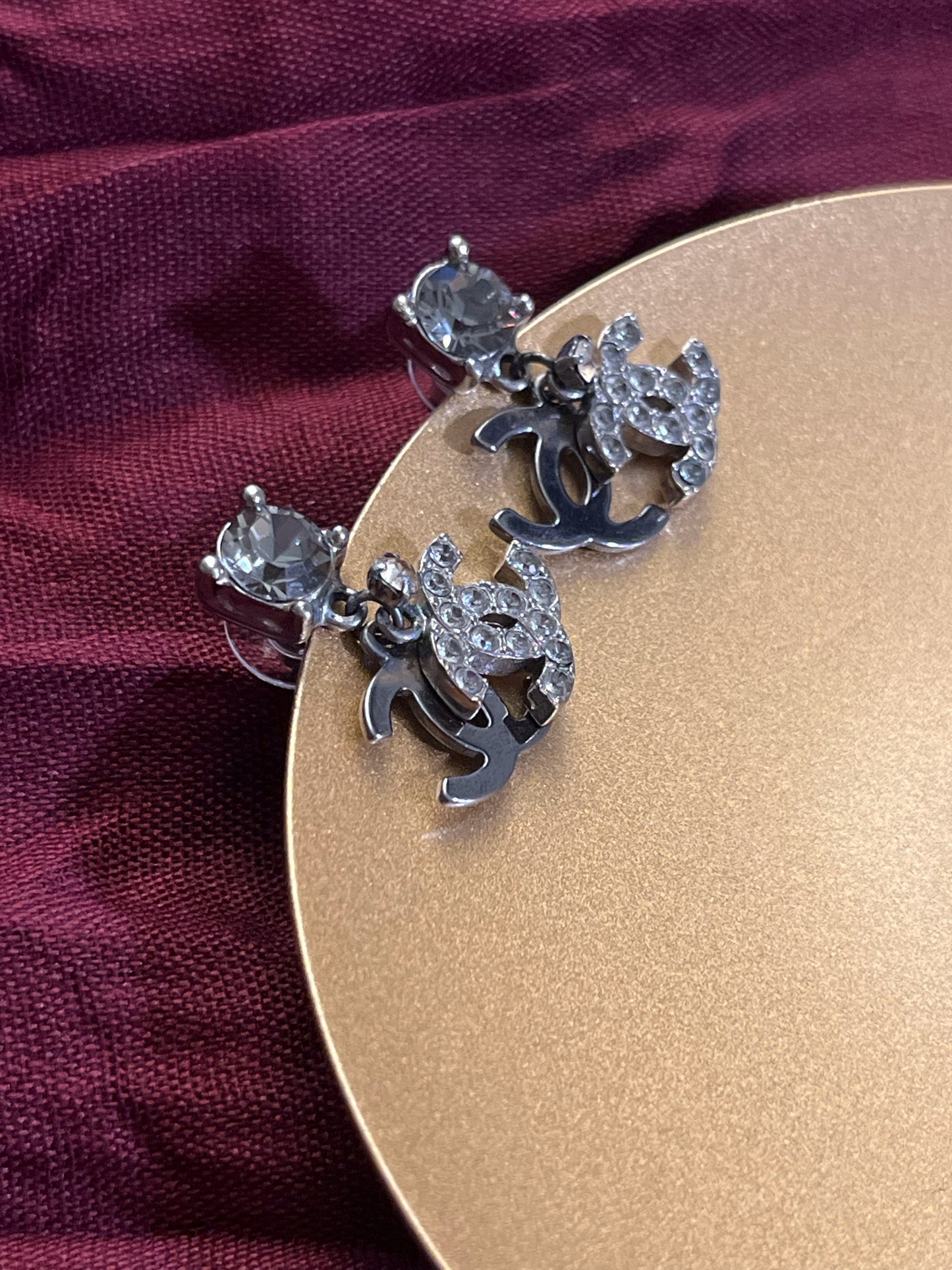 Chanel 2003 Black & Silver Double CC Crystal Drop Earrings