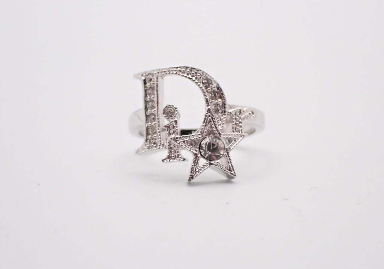 Vintage Dior Silver Star Crystal Logo Ring