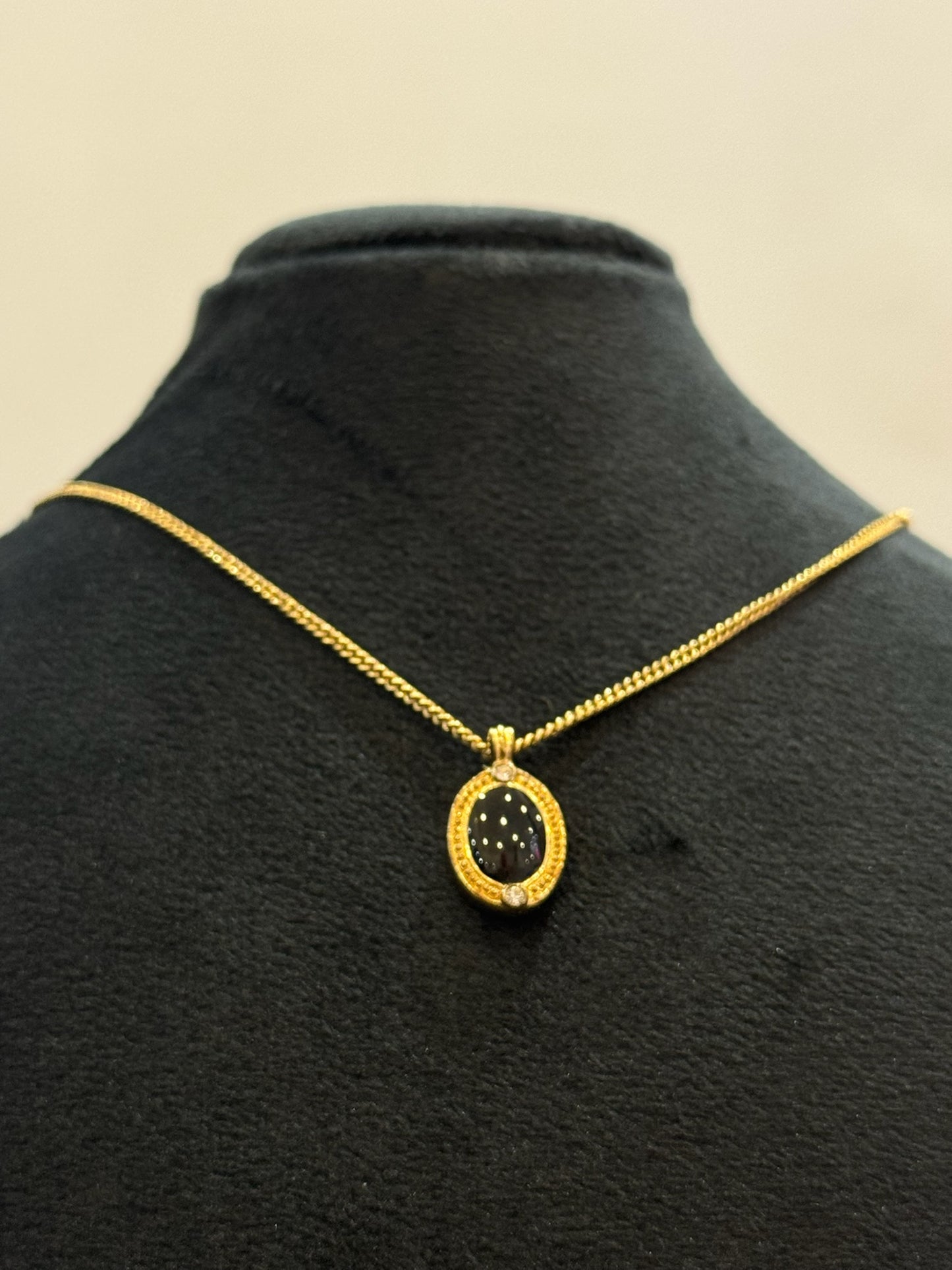 Vintage Dior Black Cabochon & Crystal Oval Pendant Necklace