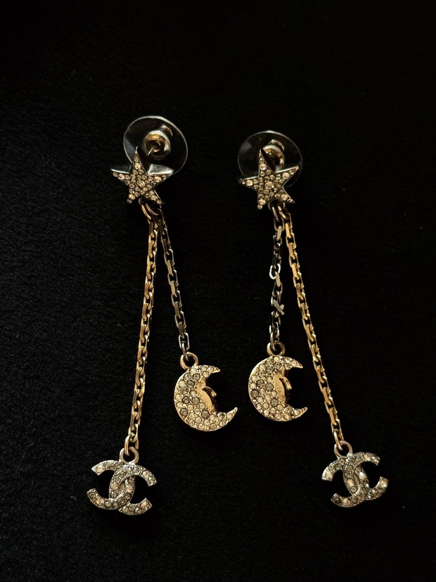 Chanel 2017 Crystal Star & Moon Drop Earrings