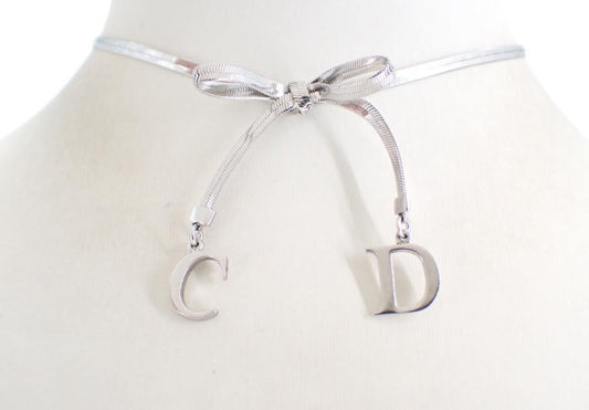Dior Vintage Silver Ribbon "CD" Charm Necklace