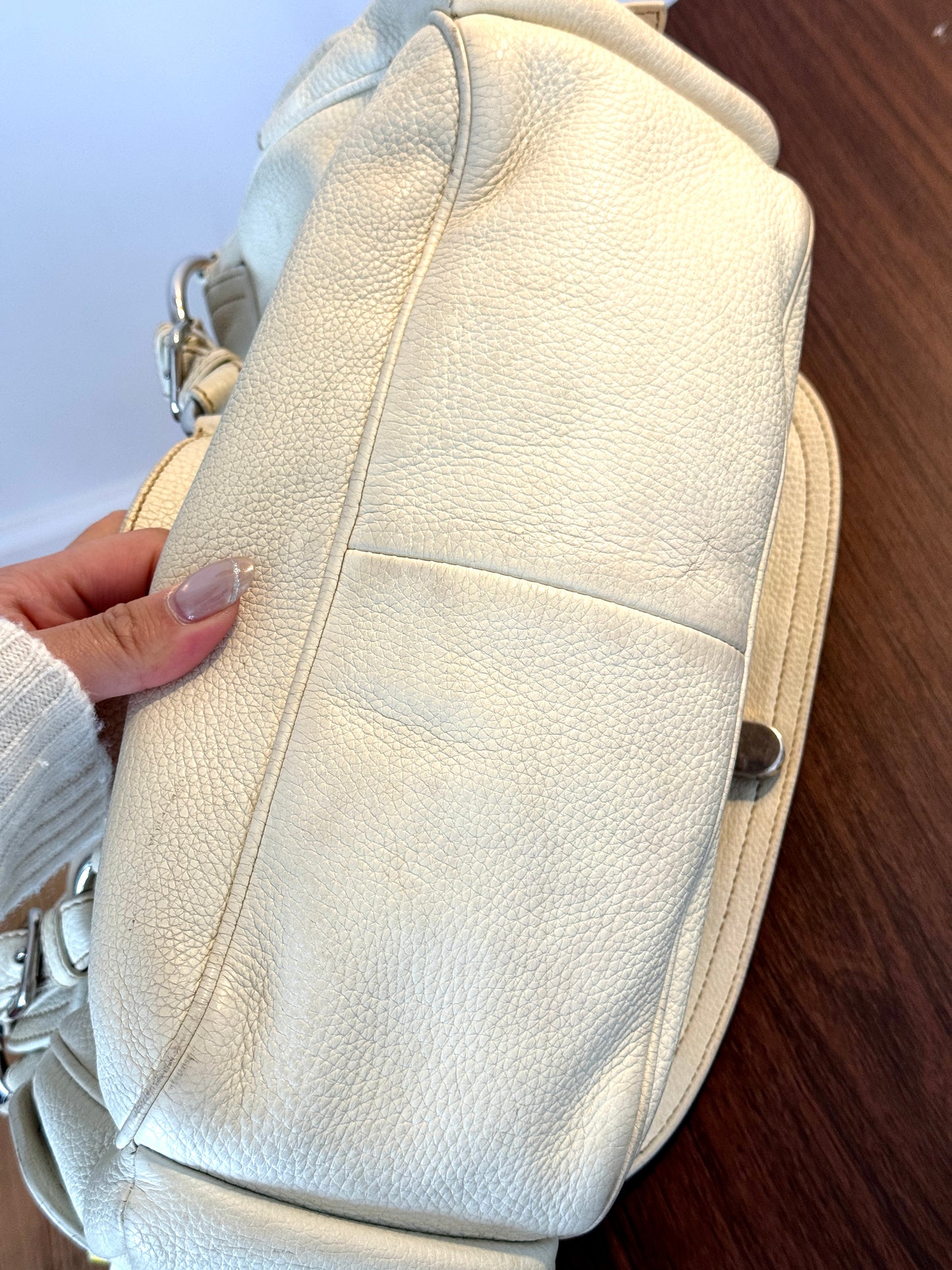 Vintage Prada Cream Pebbled Leather Shoulder Bag with Silver Hardware