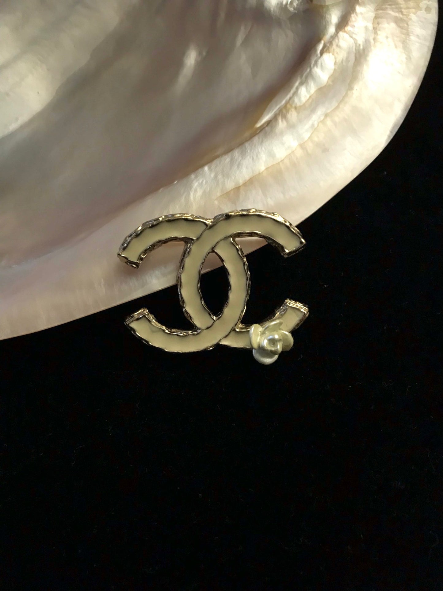 Chanel 2012 Pearl-White Gold-Edged Camellia Brooch