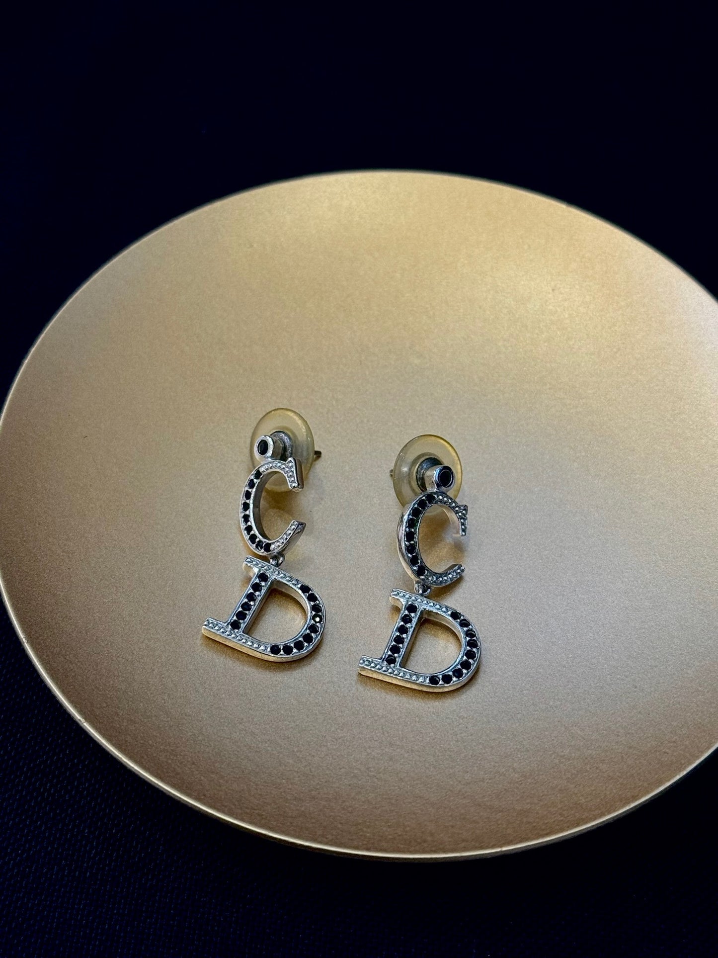 Vintage Dior Black Crystal CD Silver Earrings