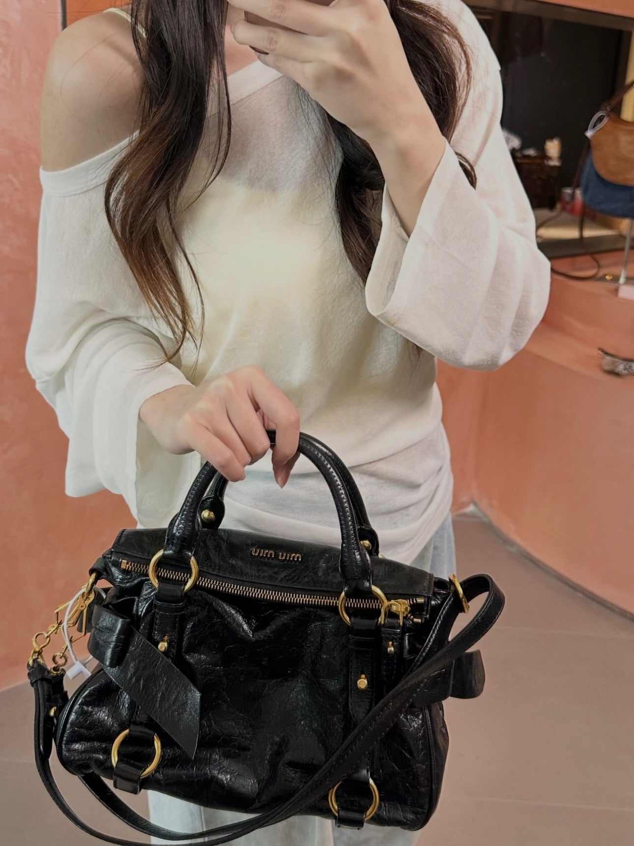 Miu Miu Vintage Black Distressed Leather Satchel