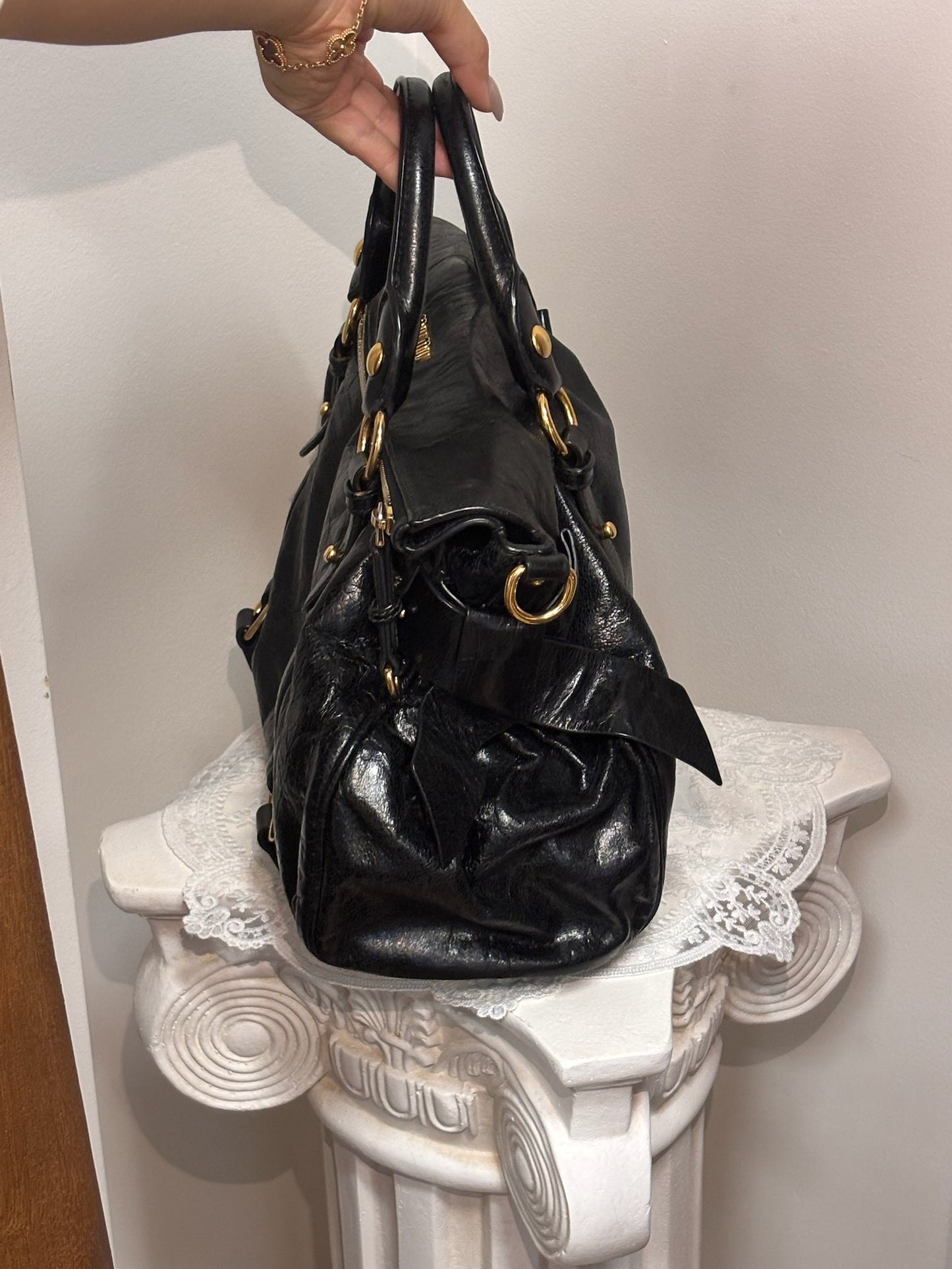 Miu Miu Vintage Black Distressed Leather Satchel