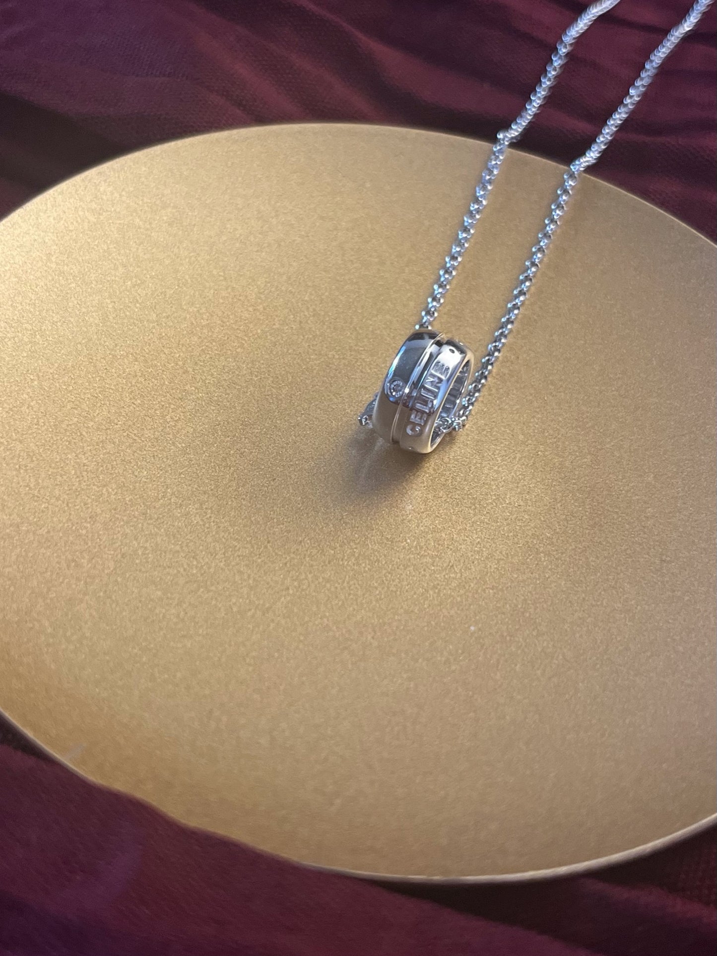 CELINE 925 Sterling Silver Logo Ring Pendant Necklace