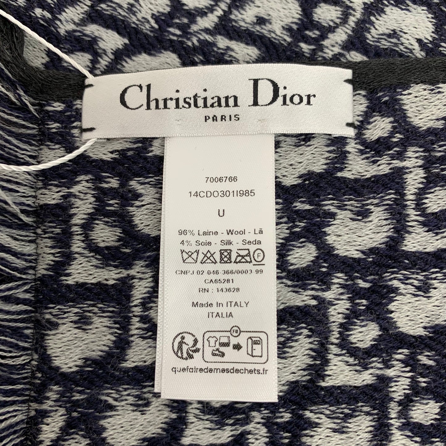 Dior Navy Blue Monogram Wool Fringe Scarf
