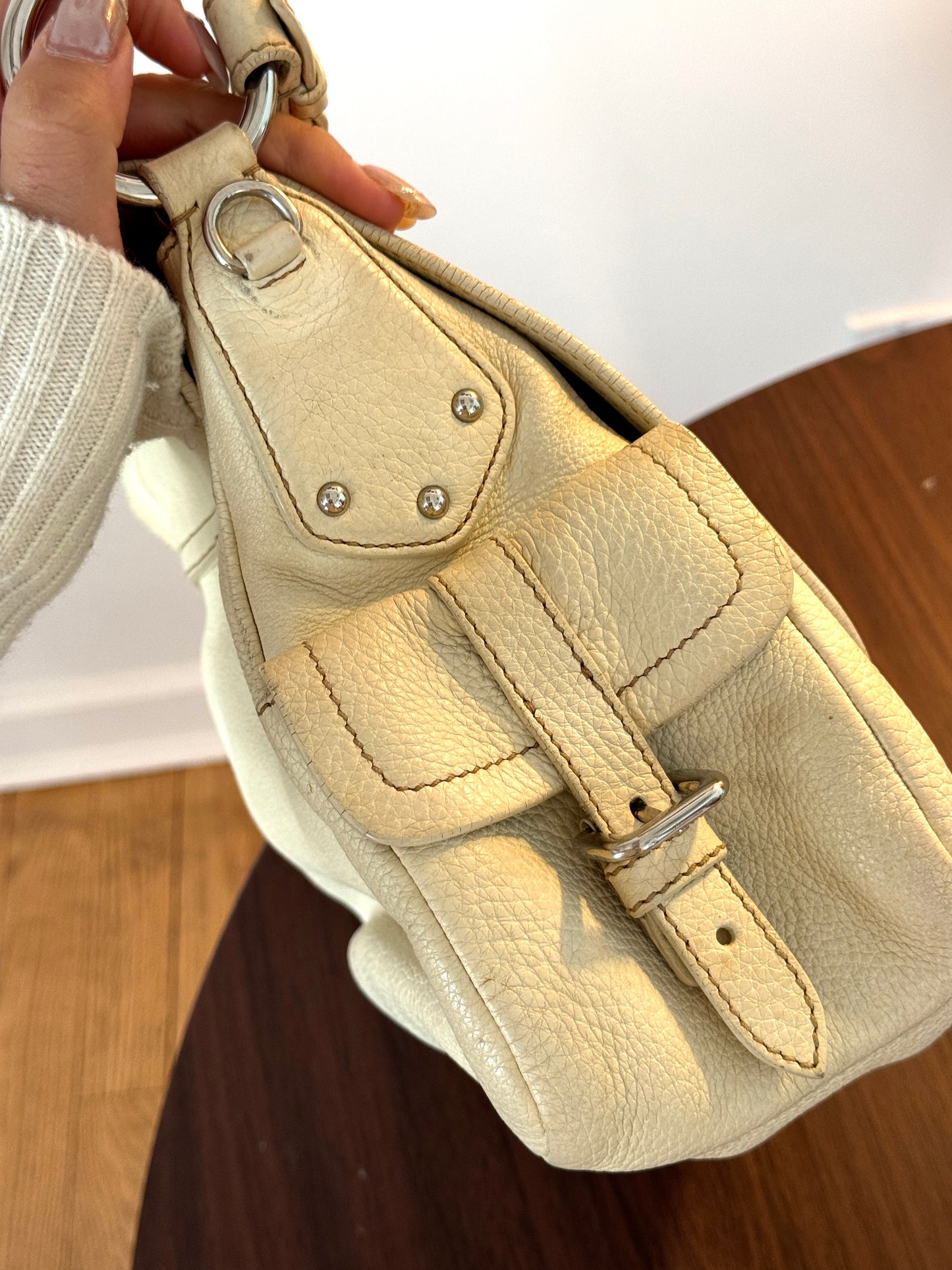 Vintage Prada Cream Pebbled Leather Shoulder Bag with Silver Hardware