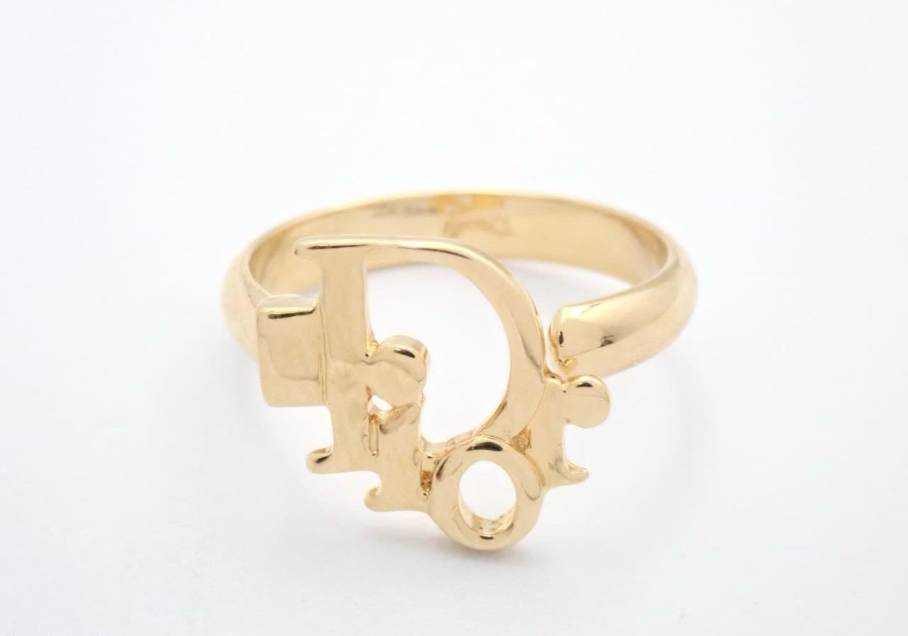 Vintage Dior Gold-Tone “D” Charm Ring with Crystal Accent