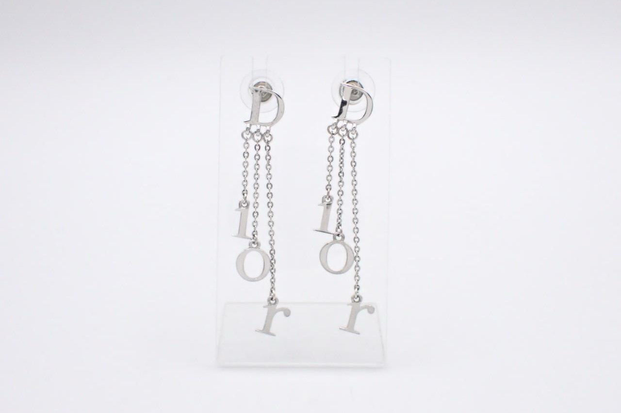 Vintage Dior Logo Letter Chain Drop Earrings – Silver Tone